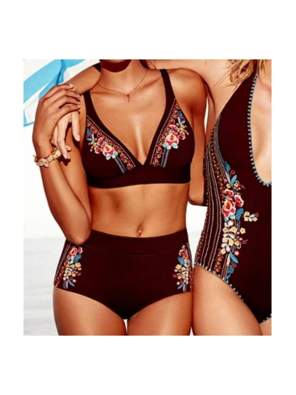 Johnny Was Ambrosia Black Swim Bikini Bottom Floral Embroidered XL